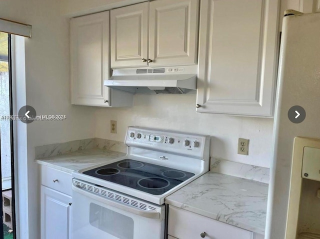 kitchen featuring light stone countertops, white appliances, under cabinet range hood, and white cabinets