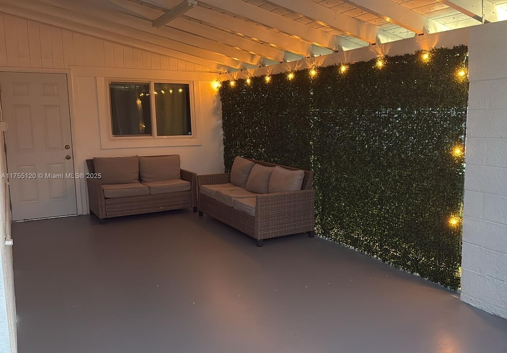 view of patio / terrace with an outdoor living space and a pergola