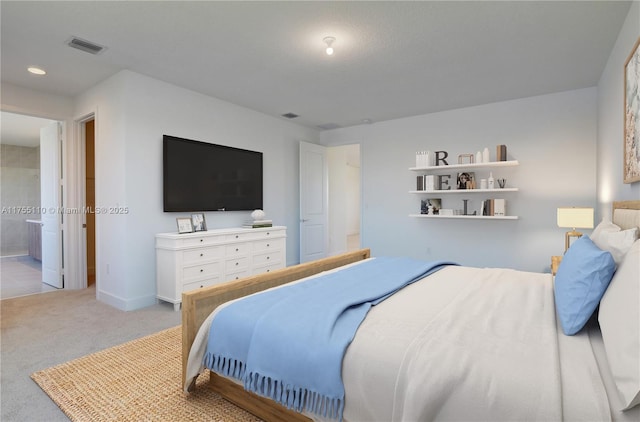 bedroom featuring recessed lighting, baseboards, visible vents, and light colored carpet