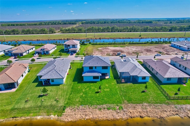 birds eye view of property featuring a water view and a residential view