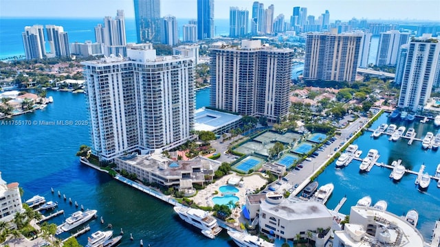 aerial view featuring a city view and a water view