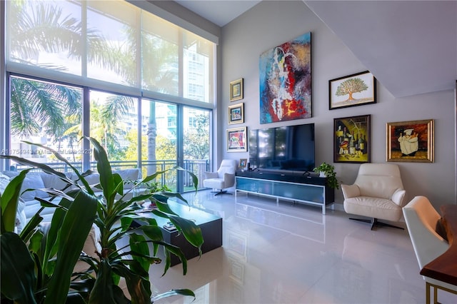 living room featuring a high ceiling