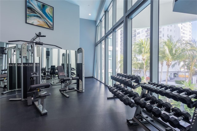 exercise room featuring floor to ceiling windows