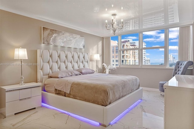 bedroom featuring baseboards, marble finish floor, a city view, crown molding, and a notable chandelier