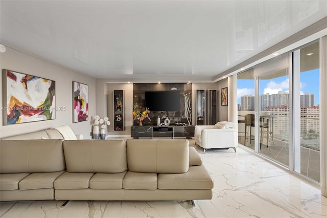 living area featuring marble finish floor