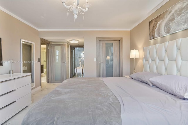 bedroom featuring marble finish floor, ornamental molding, and an inviting chandelier