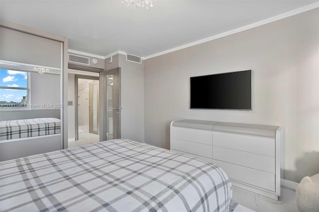 bedroom featuring visible vents and crown molding