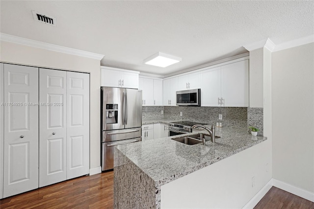 12611 SW 54th Ct Unit 12611, Miramar, FL 33027 - kitchen featuring appliances with stainless steel finishes, a peninsula, crown molding, dark wood-style flooring, and tasteful backsplash