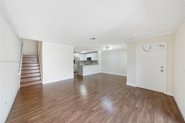 12611 SW 54th Ct Unit 12611, Miramar, FL 33027 - unfurnished living room featuring ornamental molding, stairway, and dark wood-type flooring