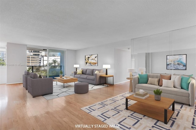 living area with a textured ceiling, light wood-type flooring, baseboards, and a healthy amount of sunlight