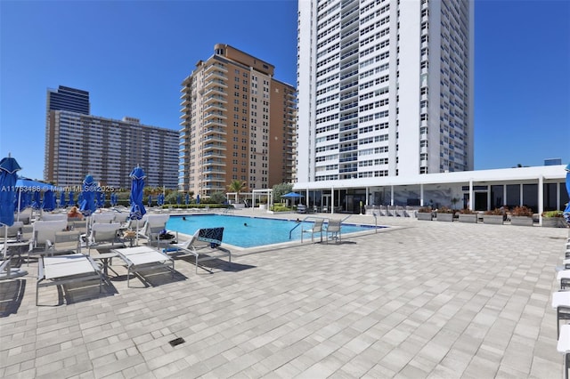 pool with a patio