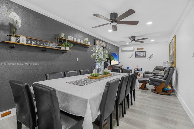 dining room with crown molding, recessed lighting, an AC wall unit, light wood-type flooring, and baseboards