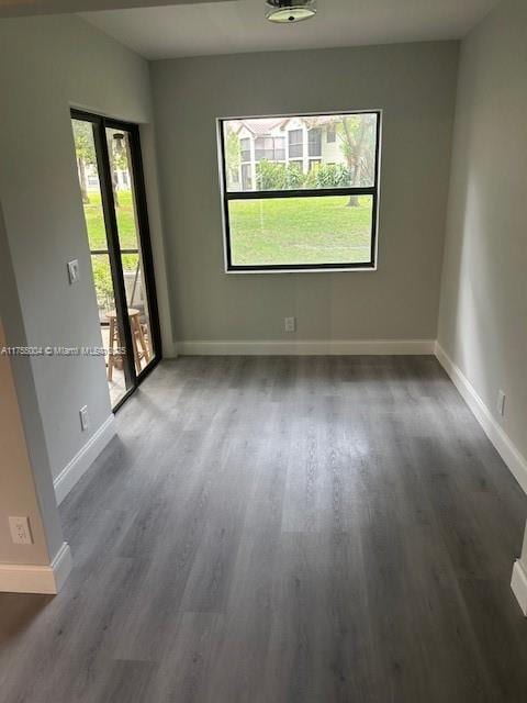 unfurnished room featuring baseboards, wood finished floors, and a healthy amount of sunlight