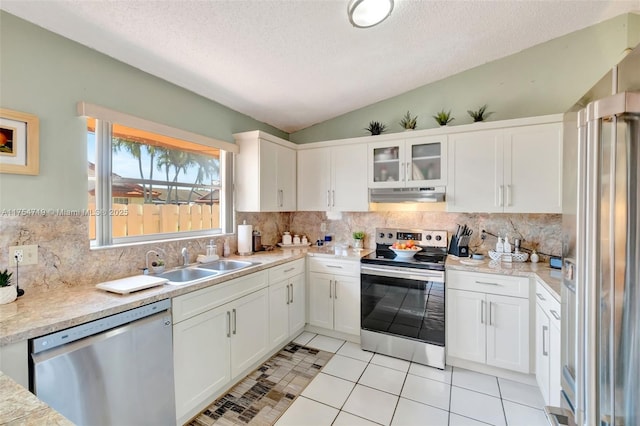 kitchen with lofted ceiling, under cabinet range hood, stainless steel appliances, a sink, and light countertops