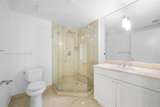 full bath with a stall shower, visible vents, vanity, and toilet