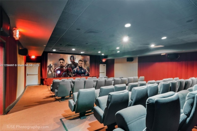 cinema room featuring carpet floors and recessed lighting