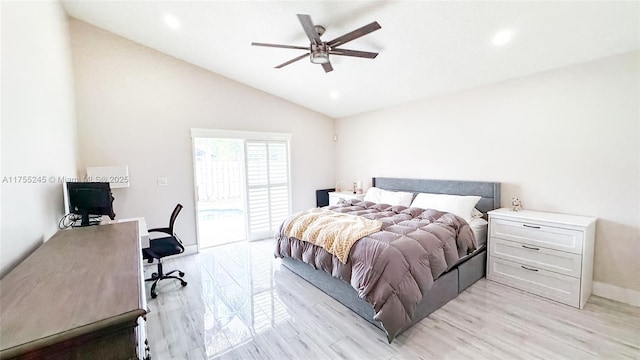 bedroom featuring access to exterior, lofted ceiling, recessed lighting, ceiling fan, and light wood-type flooring