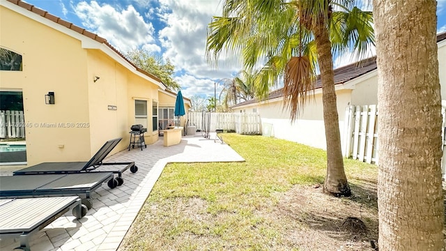 view of yard with a fenced backyard and a patio