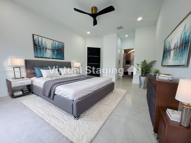 bedroom featuring recessed lighting, visible vents, and a ceiling fan