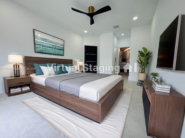 bedroom featuring a walk in closet, recessed lighting, visible vents, and ceiling fan