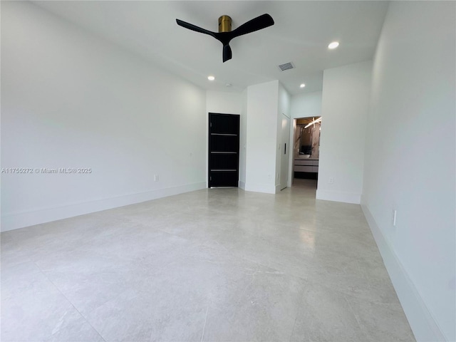 unfurnished room with recessed lighting, visible vents, baseboards, and ceiling fan