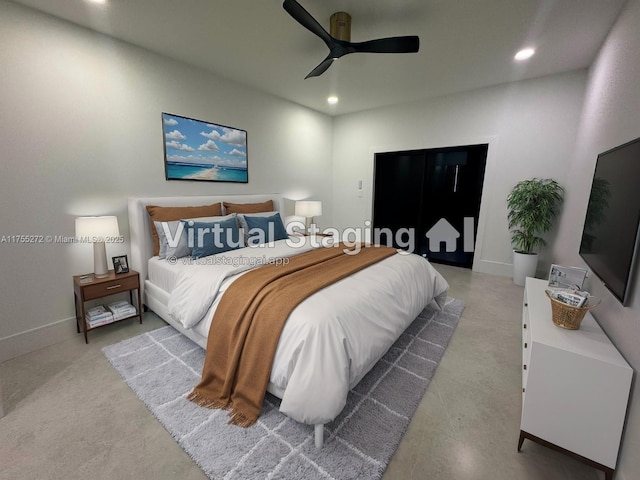 bedroom featuring recessed lighting, baseboards, and ceiling fan