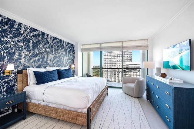 bedroom with expansive windows, access to outside, and crown molding