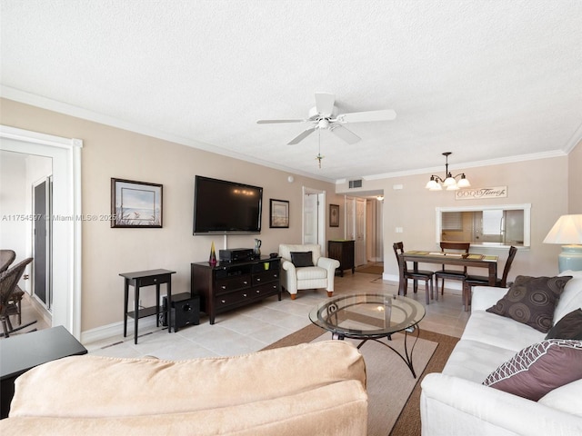 living area with light tile patterned flooring, crown molding, and a textured ceiling