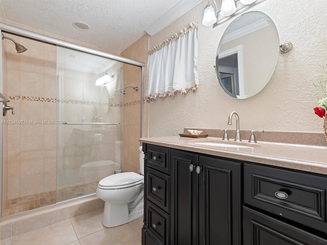 bathroom with a textured ceiling, a textured wall, tile patterned flooring, toilet, and a shower stall