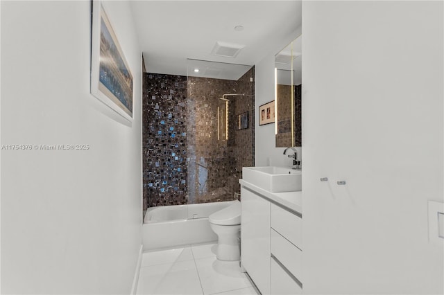 full bathroom featuring shower / tub combination, toilet, visible vents, vanity, and tile patterned floors