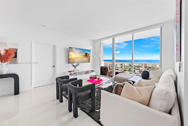 living room with a wall of windows