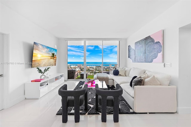 tiled living area with expansive windows and baseboards