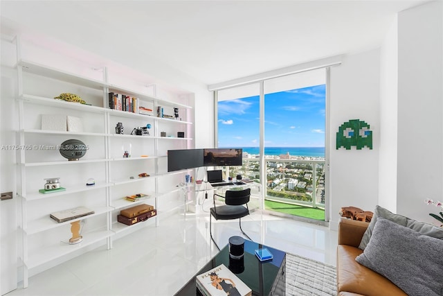 interior space featuring tile patterned flooring and floor to ceiling windows