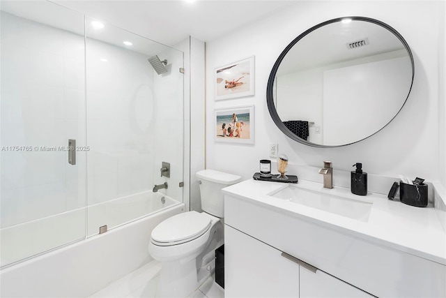 full bath featuring enclosed tub / shower combo, toilet, recessed lighting, vanity, and visible vents