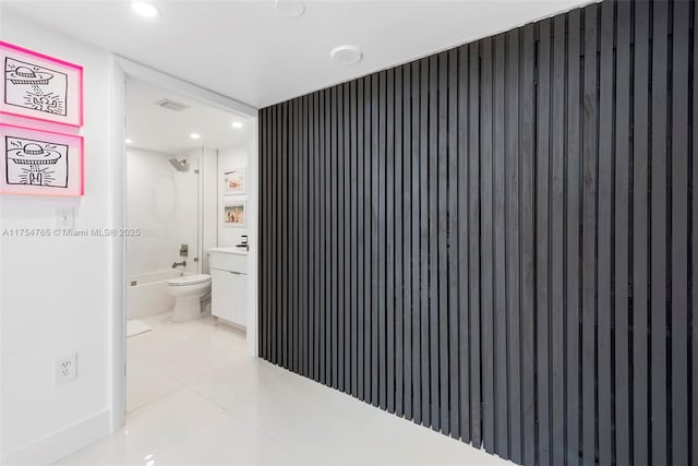 full bathroom featuring recessed lighting, tile patterned flooring, vanity, and shower / bathtub combination