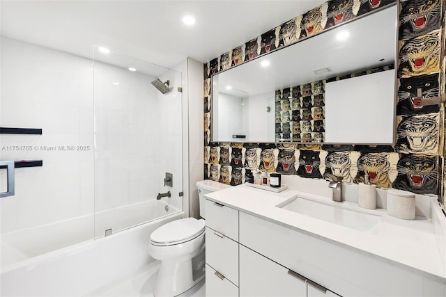 full bath with toilet, recessed lighting, shower / washtub combination, and vanity