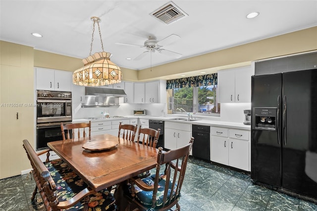 dining room with ornamental molding, recessed lighting, and visible vents