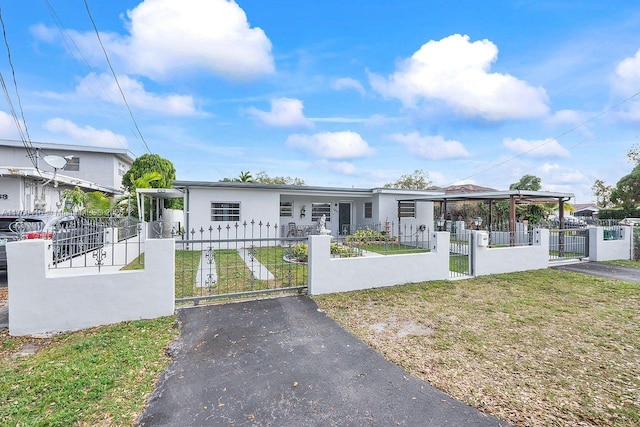 view of front of home with a fenced front yard, a gate, a front lawn, and stucco siding