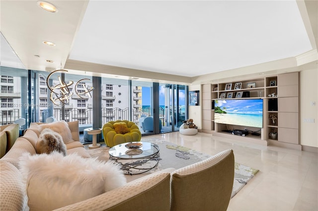 living area with tile patterned floors, floor to ceiling windows, and recessed lighting