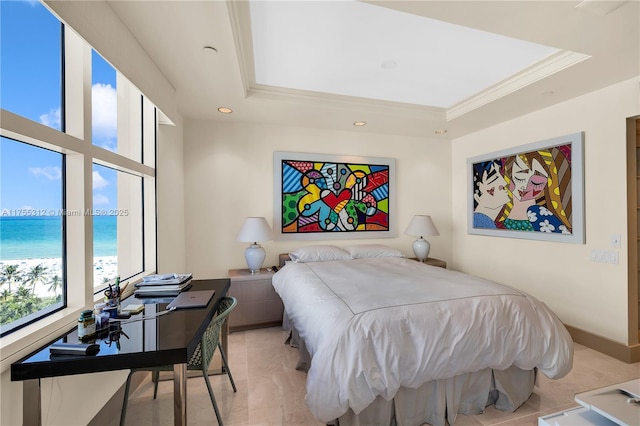 bedroom featuring baseboards, ornamental molding, a raised ceiling, and recessed lighting