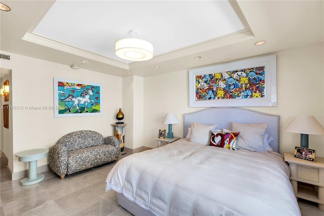 tiled bedroom featuring visible vents, a tray ceiling, baseboards, and recessed lighting