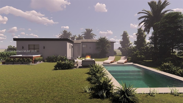 pool with an outdoor fire pit, a patio area, a yard, and fence