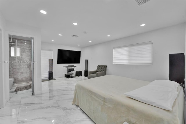 bedroom featuring marble finish floor, visible vents, and recessed lighting