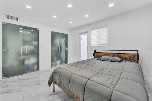 bedroom with recessed lighting, marble finish floor, visible vents, and baseboards