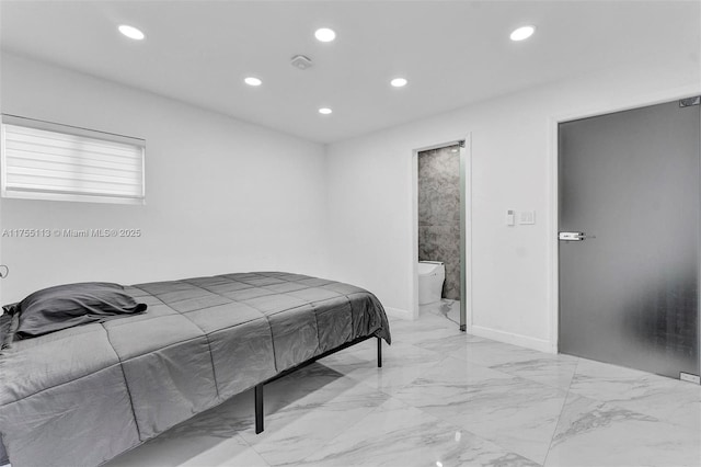 bedroom with baseboards, marble finish floor, ensuite bath, and recessed lighting