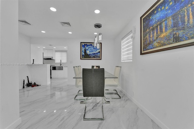 dining area featuring marble finish floor, baseboards, visible vents, and recessed lighting