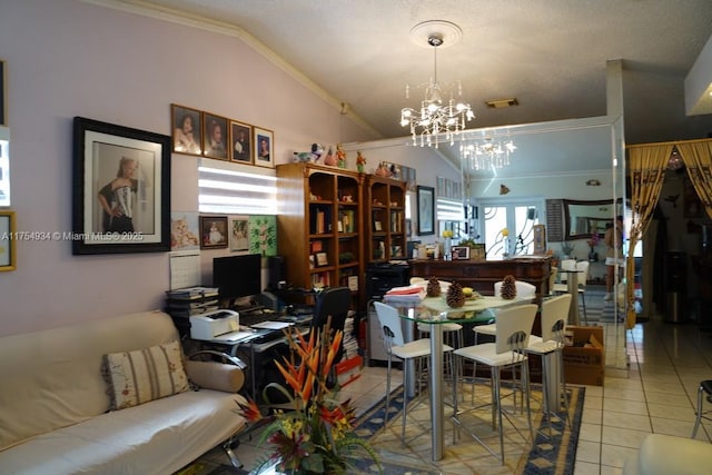 tiled dining space with lofted ceiling, a notable chandelier, and crown molding