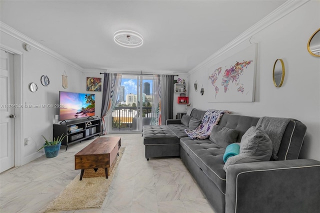 living room with expansive windows, marble finish floor, baseboards, and crown molding