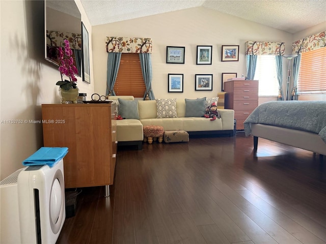 bedroom featuring lofted ceiling, a textured ceiling, and wood finished floors