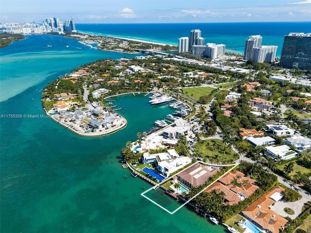 bird's eye view with a city view and a water view